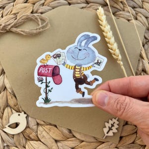 Vinyl sticker 72x76 mm &quot;I love Postcrossing&quot; with a bunny receiving cards | Hand-drawn for Postcrossing lovers by Julia Swan