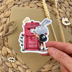Vinyl sticker 69x76 mm &quot;I love Postcrossing&quot; with a bunny sending cards | Hand-drawn for Postcrossing lovers by Julia Swan