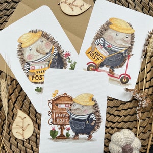 BUNDLE of 3 different postcards &quot;Happy Post&quot; with a hedgehog | Hand-drawn watercolor postcards for Snail Mail lovers by Julia Swan