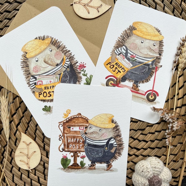 BUNDLE of 3 different postcards "Happy Post" with a hedgehog | Hand-drawn watercolor postcards for Snail Mail lovers by Julia Swan