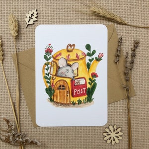 Postcard with a mouse in a kettle house and a postbox with postcards | Hand-drawn watercolor postcard for Postcrossing lovers by Julia Swan