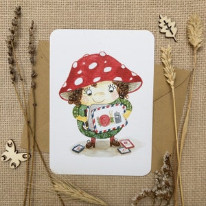 Postcard with a mushroom character and postcards &quot;Postcrossing&quot; | Hand-drawn watercolor postcard for Postcrossing lovers by Julia Swan