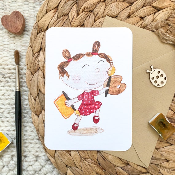 Hand-drawn postcard with a joyful girl jumping with a paint brush and colour pencils Hand-drawn postcard with a joyful girl jumping with a paint brush and colour pencils