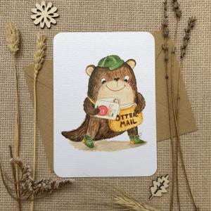 Postcard “Otter Mail” with an otter with postcards | Hand-drawn watercolor postcard for Postcrossing lovers by Julia Swan