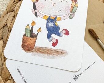 Hand-drawn postcard with a joyful girl jumping with a paint brush and colour pencils Hand-drawn postcard with a joyful girl jumping with a paint brush and colour pencils