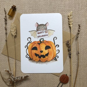 Pocztówki „Halloween” z nietoperzem | Ręcznie rysowane akwarelowe pocztówki dla miłośników SnailMail i Postcrossingu autorstwa Julii Swan