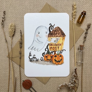 Postcards &quot;Halloween&quot; with a ghost | Hand-drawn watercolor postcards for SnailMail and Postcrossing lovers by Julia Swan