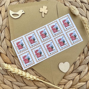Stickers sheet with decorative post stamps 10 pcs 25x32 mm I love Happy Mail, I love Postcrossing with a bunny | Hand-drawn by Julia Swan