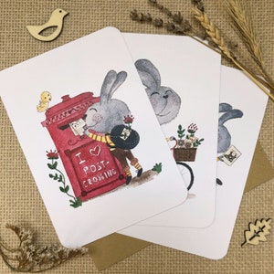 BUNDLE of 3 different postcards &quot;I love Postcrossing&quot; with a bunny | Hand-drawn watercolor postcards for Snail Mail lovers by Julia Swan