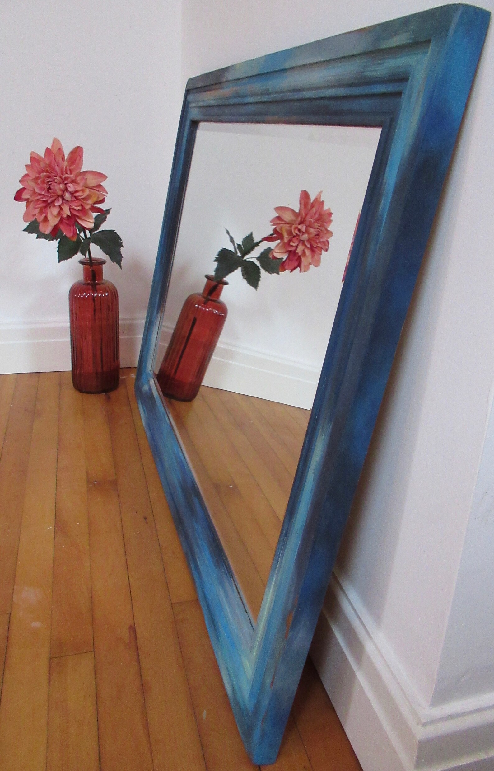 Bohemian wooden mirror in rich shades of blue. FREE UK Etsy