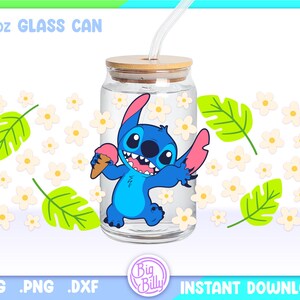 Stitch Summer Ice cream Libbey 16oz Can Glass Wrap, 16oz Libbey SVG, Aesthetic Retro Coffee Can Glass Svg, Tropical Flower Leaves Cartoon