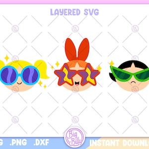 Blossom Bubbles Buttercup SVG - Aesthetic Powerful Girl with Sunglasses - Easy files for Cricut - Retro 90's Cartoon Girls PNG