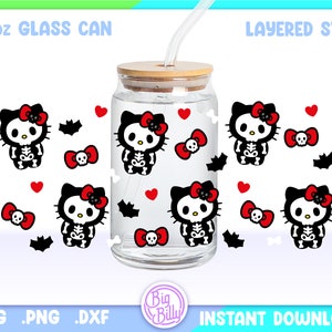 Halloween Skull Bones Cat Libbey 16oz Can Glass Wrap, 16oz Libbey SVG, Aesthetic Ghost Can Glass Svg Wrap, Bow Kitten SVG - Cute Cat