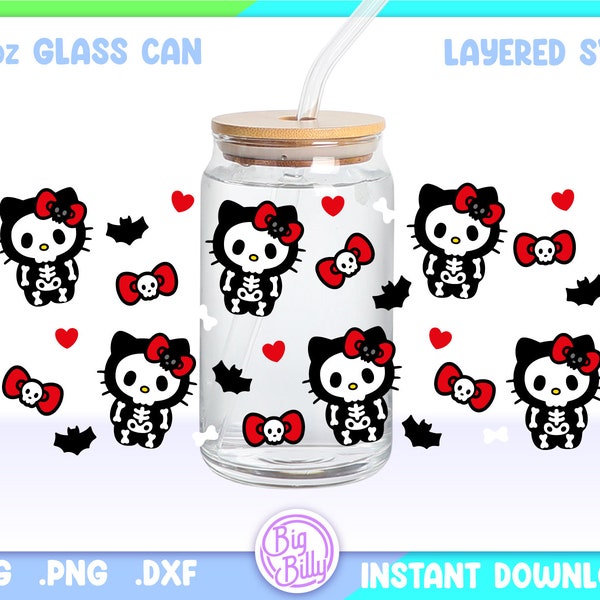 Halloween Skull Bones Cat Libbey 16oz Can Glass Wrap, 16oz Libbey SVG, Aesthetic Ghost Can Glass Svg Wrap, Bow Kitten SVG - Cute Cat