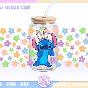Stitch Easter Bunny seamless Libbey 16oz Can Glass Wrap, 16oz Libbey SVG, Aesthetic Retro Coffee Can Glass Svg, Colorful Flowers Cartoon