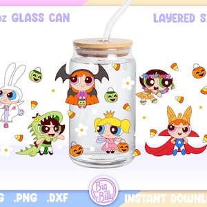 Halloween Blossom Bubbles Buttercup PNG Libbey 16 Unzen Dose Glasverpackung, Libbey SVG, Retro Cartoon Girls Halloween Wrap, kraftvolle Mädchen wickeln SVG