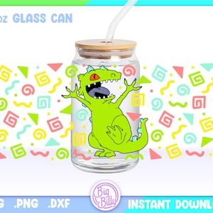 Dinosaur Libbey Raptor 16oz Can Glass Wrap PNG, 16oz Retro 90's Cartoon SVG, Aesthetic Retro Coffee Can Glass Svg Wrap, Vintage SVG