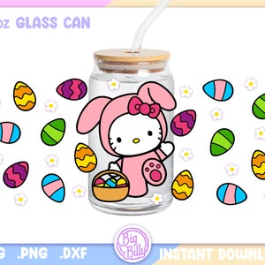 Ostern Korb niedliche Katze Libbey 16 Unzen kann Glas wickeln, 16 Unzen Hase Ostereier Cartoon SVG, ästhetische Retro Kaffee kann Glas SVG wickeln, Kätzchen