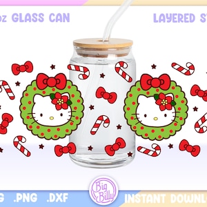 Weihnachtskranz Katze Libbey 16 Unzen Dose Glasverpackung, 16 Unze Libbey SVG, Ästhetische Weihnachtsdose Glas Verpackung, Bogen Kätzchen SVG - Süße Katze