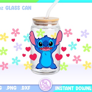 Stitch Lovely Flowers Libbey 16oz Can Glass Wrap, 16oz Libbey SVG, Aesthetic Retro Coffee Can Glass Svg Wrap, Retro Flowers Cartoon