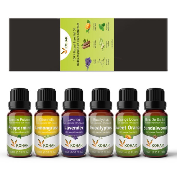 Kohar Naturals 100% pure natural essential oils 6 x10 mL gift set Lavender, Eucalyptus, Sandalwood, Sweet Orange, Lemon Grass and Peppermint
