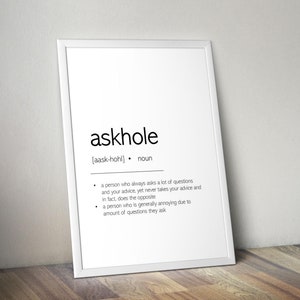 Askhole-definitieprint, woordenboekposter, keukenmuurkunst, definities