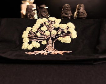 Yggdrasil Punch Needle Canvas Bag – Norse Tree of Life Top Handle Tote – Hand-Tufted Viking World Tree Canvas Carryall