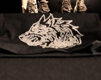 Fenrir Wolf Punch Needle Canvas Bag – Norse Mythology Top Handle Tote – Hand-Tufted Viking Wolf Canvas Carryall