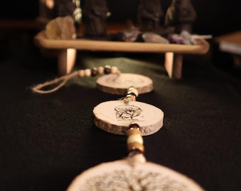 Wood Slice Wall Hanging Talisman – Tree of Life Owl Hanging Garland – Rustic Pagan Altar Decor, Witch Bells & Car Charm