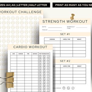 Printable Workout Tracker | Strength Training Log, Cardio Tracker, Fitness Planner, Daily Exercise Log, A4 A5 Half Letter, Instant Download