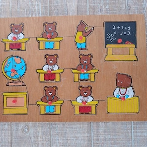 1970s/1980s Wooden Puzzle - Bears at School
