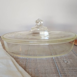 Pyrex 1940s Glass Casserole Dish with Etched Floral Pattern
