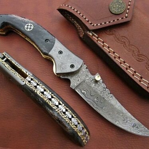 Handmade pocket knife custom Damascus steel folding knife hunting