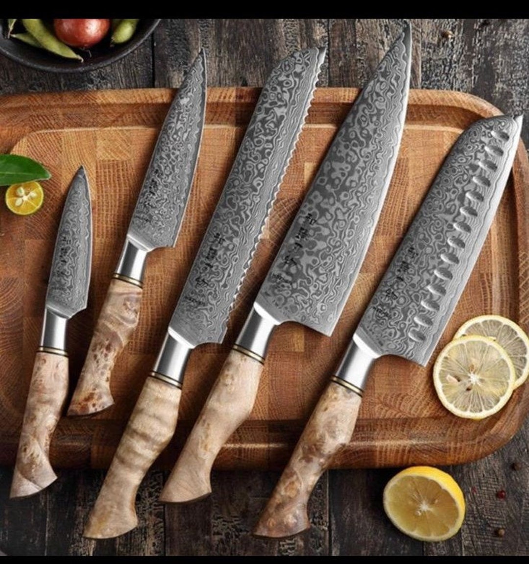 3pc Set Damascus Chef Knives W/ Stabilized Wood Handle Burl Unique Chef Knife  Best Kitchen Knife, Chef Gift, Gift for Him 