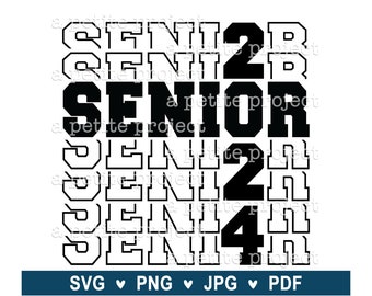 Puede incluir: Diseño gráfico en blanco y negro con el texto "Senior 24" repetido varias veces en un patrón apilado. El texto está en una fuente en negrita y de bloque.