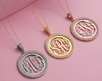 Custom Pave Diamond Initial Monogram Necklace | 3 Initial Monogram Pendant | Personalized Monogram Letter Circle Necklace