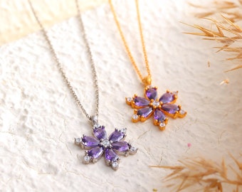 Amethyst Daisy Necklace, February Birthstone Necklace, Dainty Charm Necklace, Flower Necklace, Mother's Day Gift, Jewelry for Her