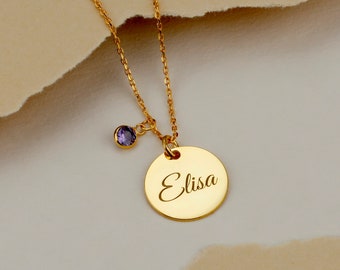 Personalized Birthstone Necklace | Initial Disc Necklace with Birthstone | Gold Birthstone Necklace | Birthstone Custom Jewelry