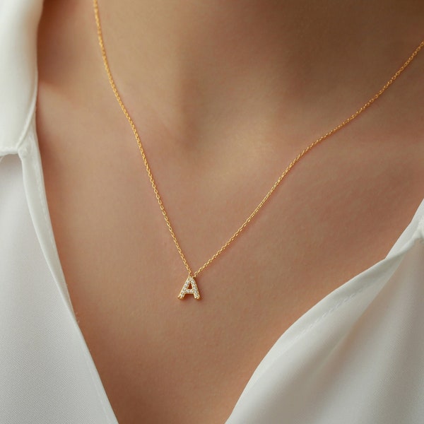Pave Initial Necklace | CZ Initial Necklace | Gold Letter Necklace | Dainty Necklace | Personalized Initial Necklace | Gift for Her