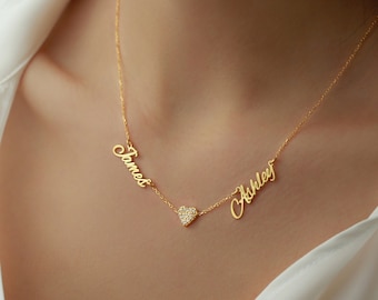 Collier deux prénoms avec coeur, collier coeur pavé, collier 2 prénoms, collier prénom avec coeur, cadeau de Noël, collier prénom délicat