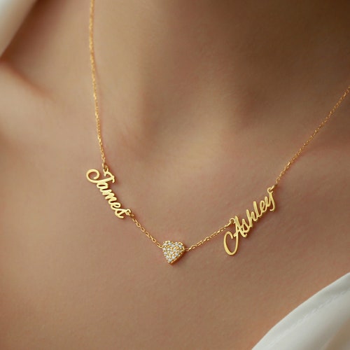 Two Name Necklace With Heart Dainty Family Necklace 2 Names Etsy