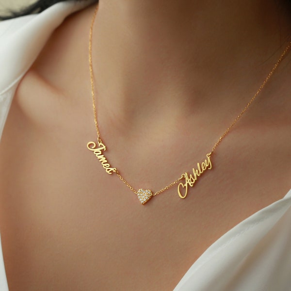 Two Name Necklace with Heart, Pave Heart Necklace, 2 Names Necklace, Name Necklace with Heart, Christmas Gift, Dainty Name Necklace