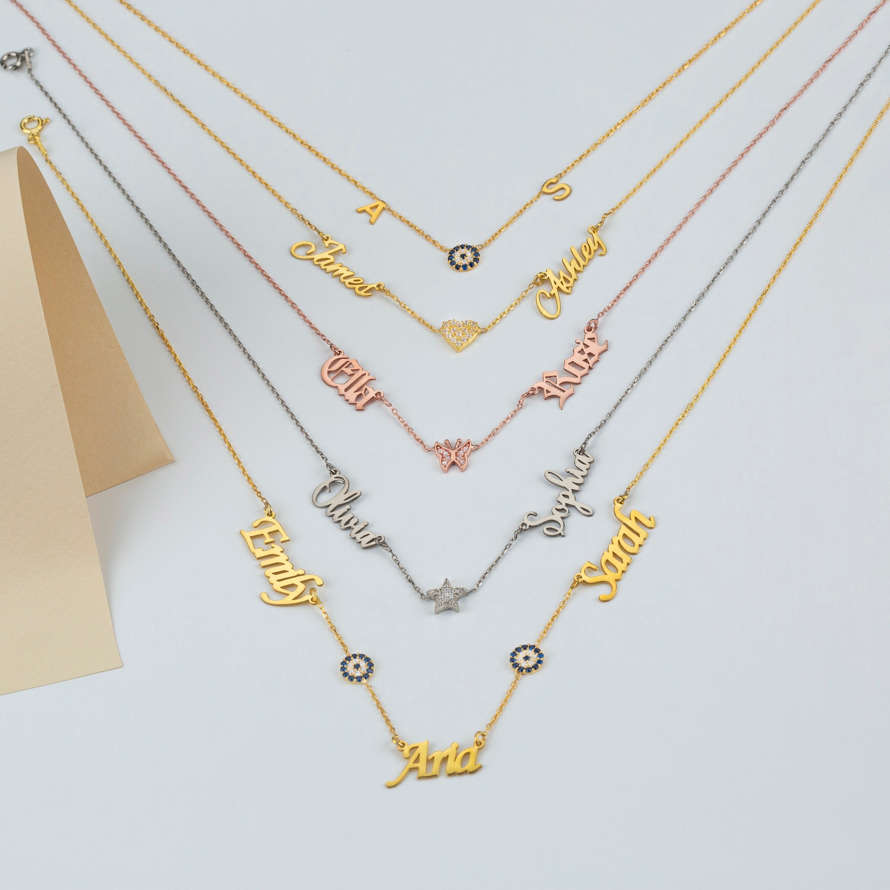 Three Name Necklace with Evil Eye | Family Name Necklace | Multiple N…