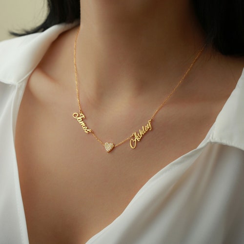 Collier deux prénoms avec coeur, collier coeur pavé, collier 2 prénoms, collier prénom avec coeur, cadeau de Noël, collier prénom délicat