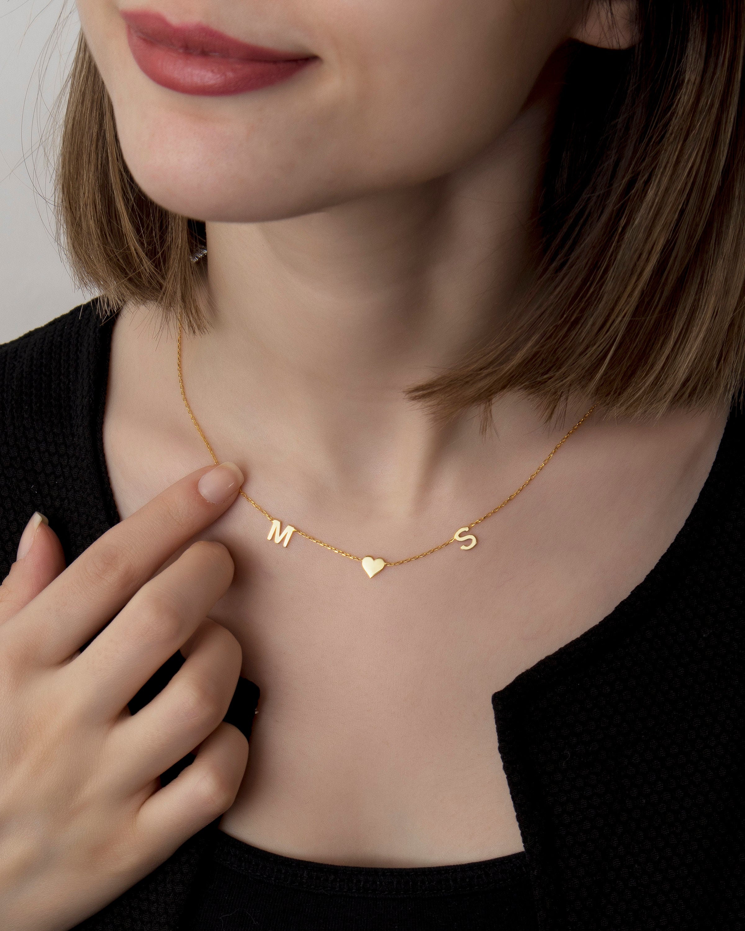 14k Solid Gold Initial Pendant In Heart Frame With Maldives