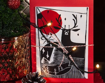 Hecho a mano Linocut tarjetas de Navidad renos