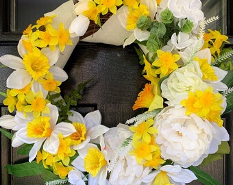 WREATH for front door 20'' | Seasonal Decor | Spring Summer Wreath | White Yellow wreath | Daffodil Hydrangea Peony