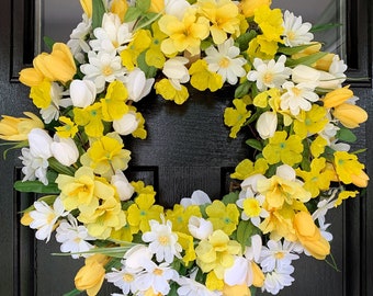 YELLOW WHITE OUTDOOR wreath 20'' for front door | chamomile Tulip Wreath | Spring Summer Fall Wreath