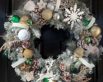 CHRISTMAS WREATH for front door 22'' | Snow and Pine Winter wreath | Colorado Northern style wreath | Winter New Year Pine cones wreath