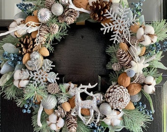 CHRISTMAS WREATH for front door 18'' | Cotton and Pine Winter wreath | Colorado Northern style wreath | Blueberries Pine cones wreath